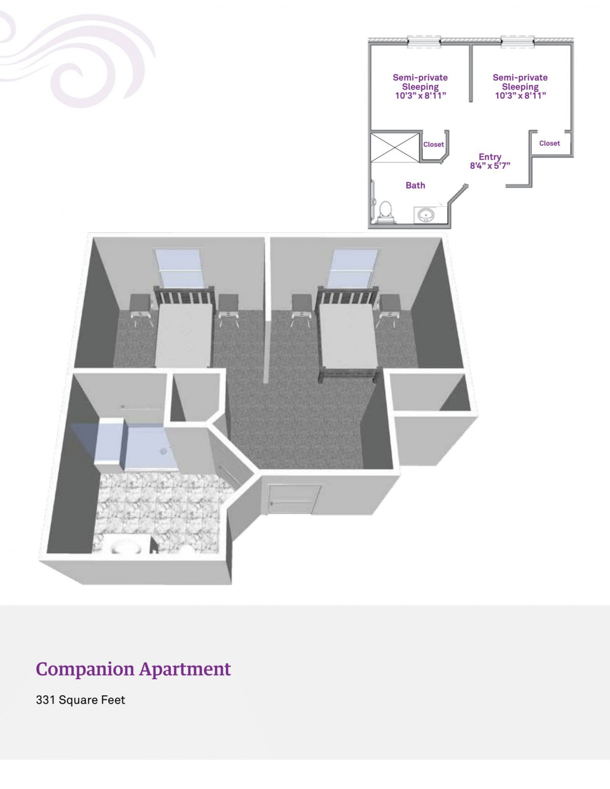 3D floor plan of a companion apartment with two bedrooms and a bathroom.