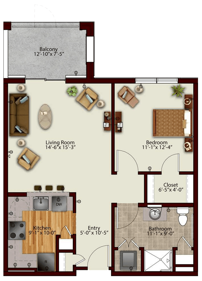 A one-bedroom apartment floor plan with a living room, kitchen, balcony, and bathroom.