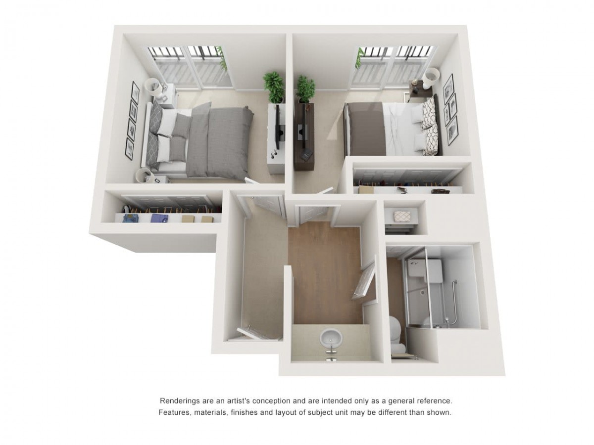 A 3D rendered floor plan of a two-bedroom apartment, showcasing the layout with labeled rooms.