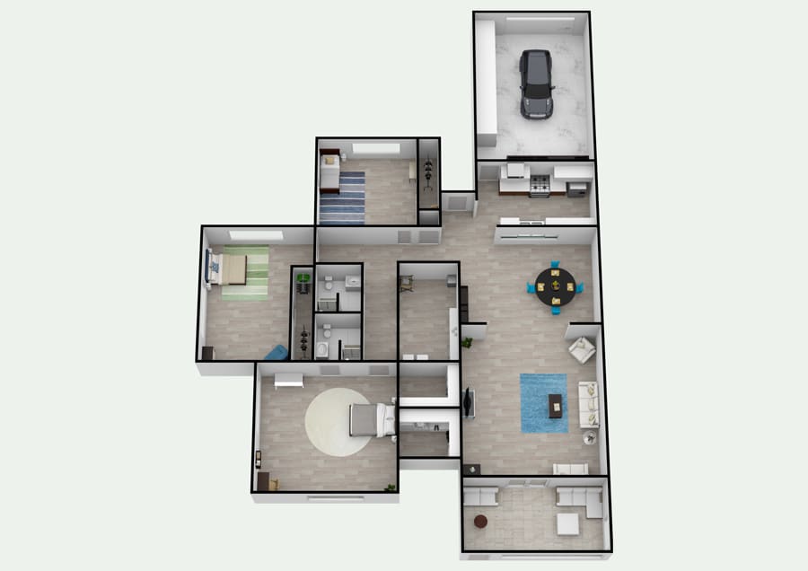 3D floor plan of a modern residential house layout.