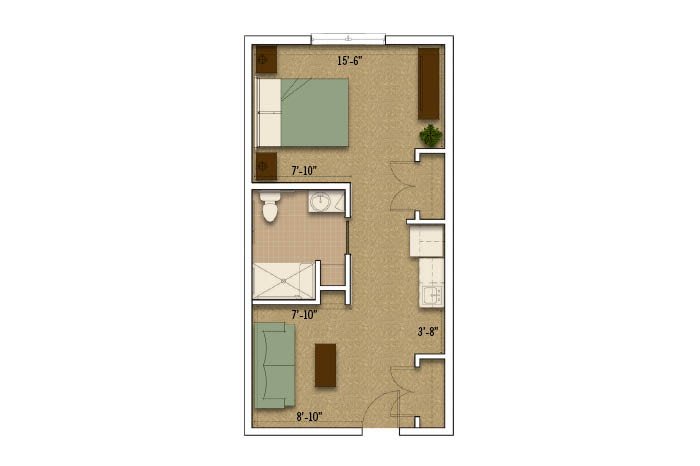 A simple floor plan depicting an apartment layout with two bedrooms, a bathroom, and a common area.
