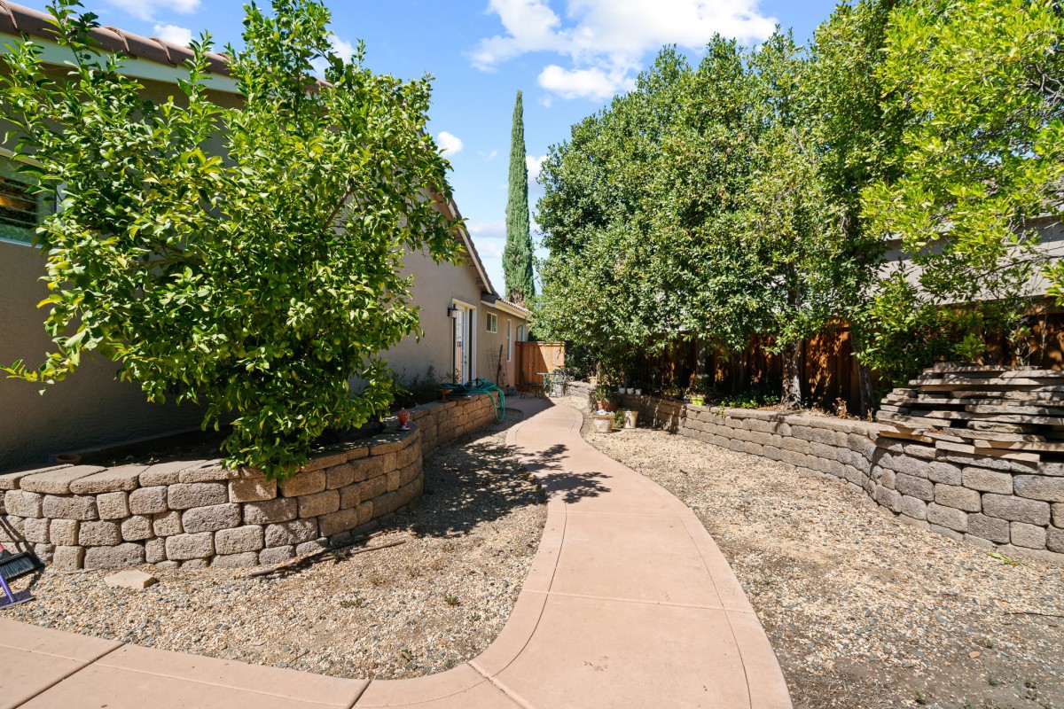 A scenic garden path lined with trees and greenery beside a house.