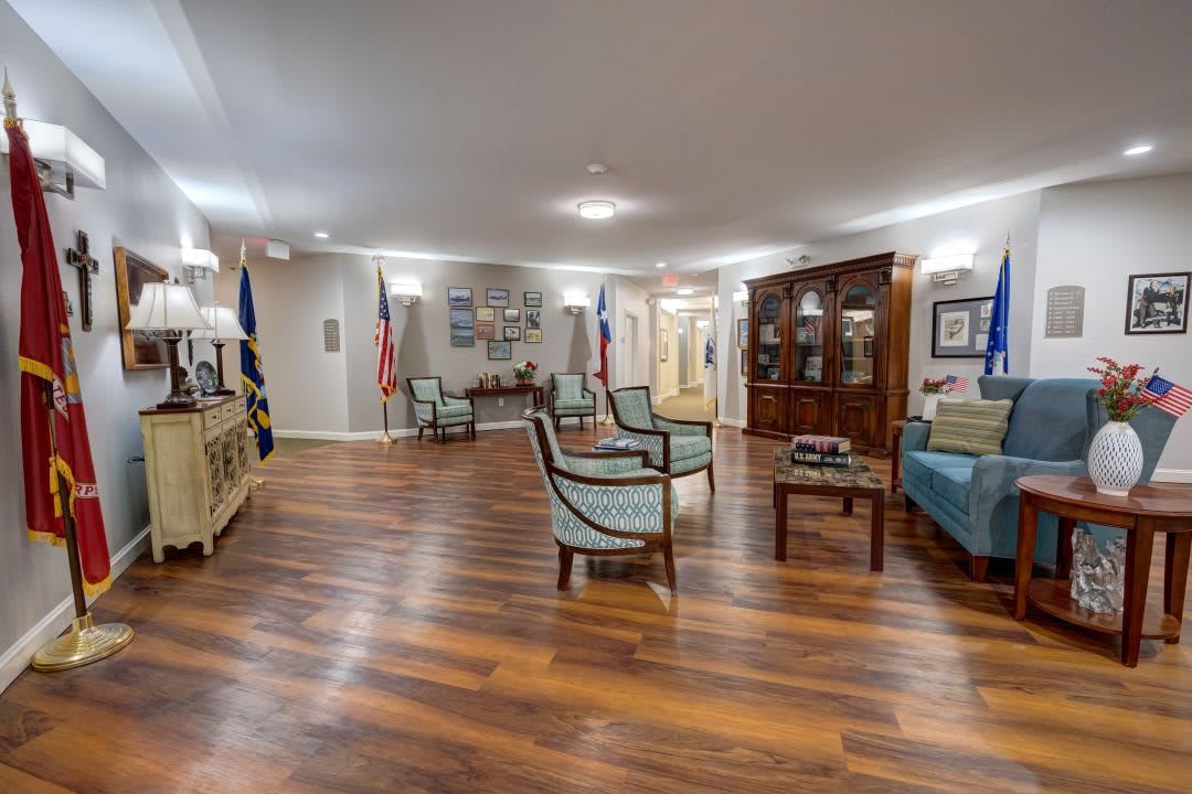 A spacious lobby with comfortable seating and elegant decor.