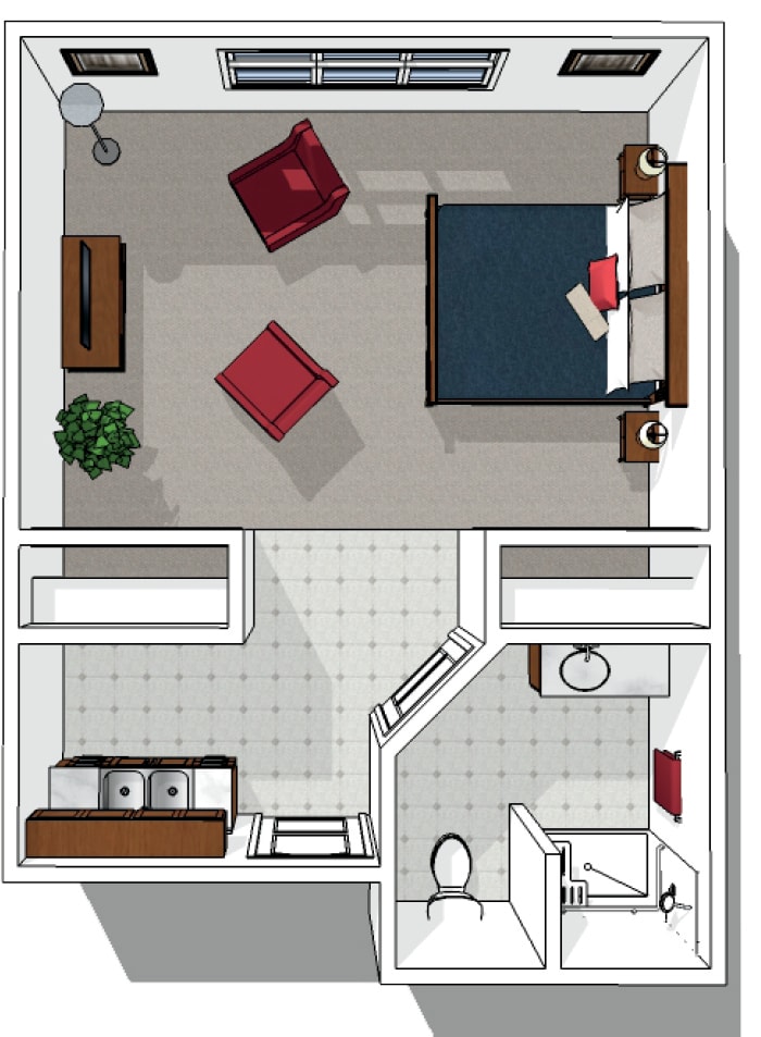 This is a floor plan of a small apartment featuring a bedroom, bathroom, and living area.