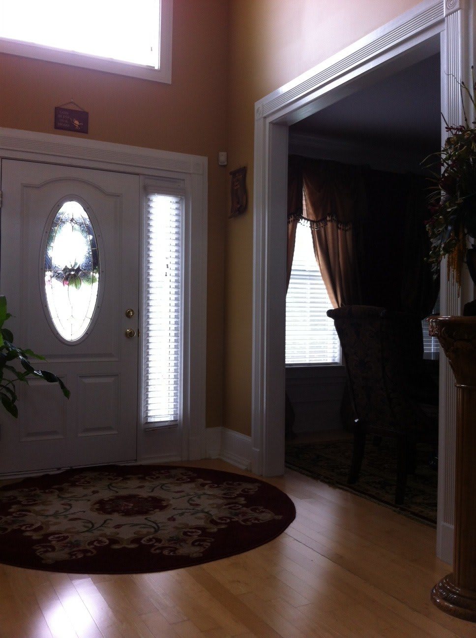 A cozy foyer with a front door, rug, and adjacent room featuring curtains.
