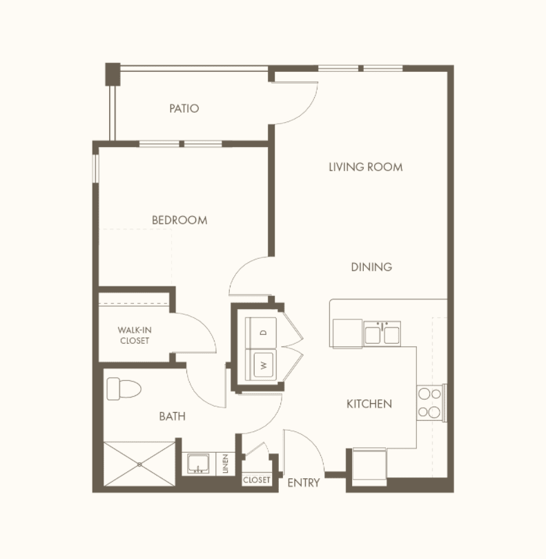 A detailed floor plan of a one-bedroom apartment, featuring a spacious living room, kitchen, and bathroom.