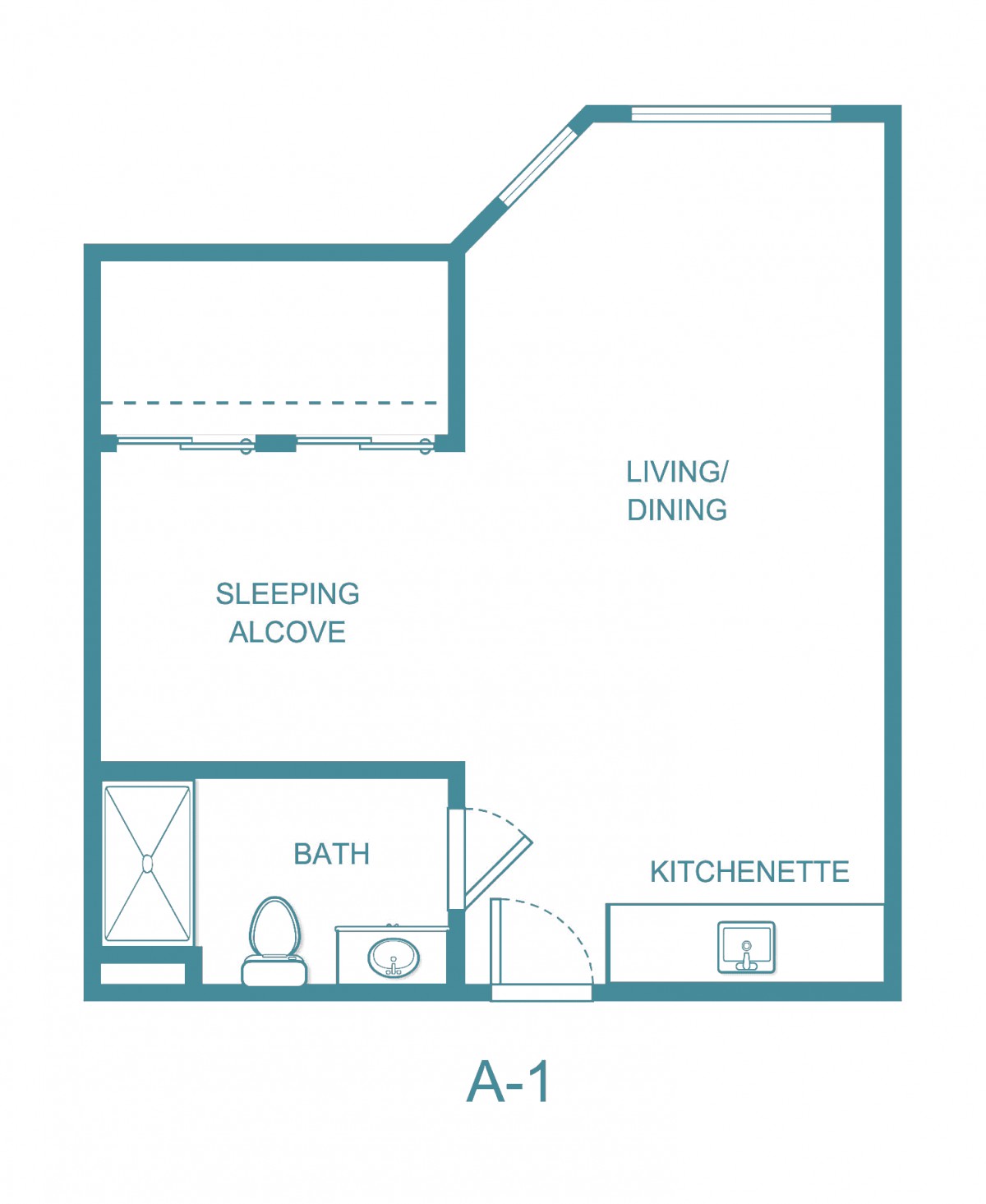 A floor plan of a studio apartment with designated areas for living/dining, sleeping alcove, kitchenette, and bathroom.