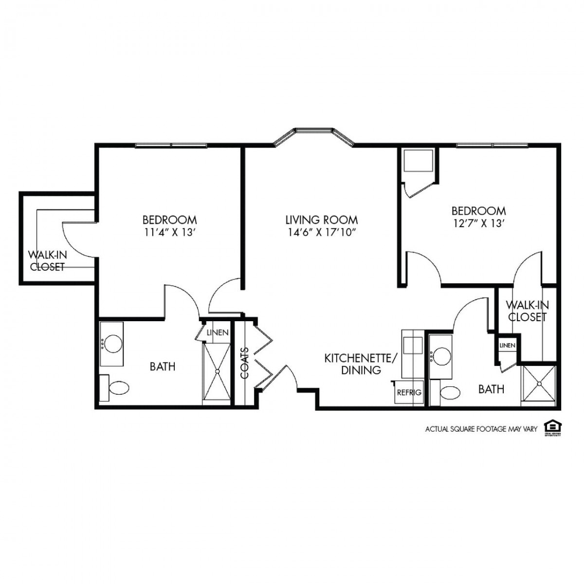 A detailed floor plan of an apartment with labeled rooms including bedrooms, bathrooms, kitchen, and living area.