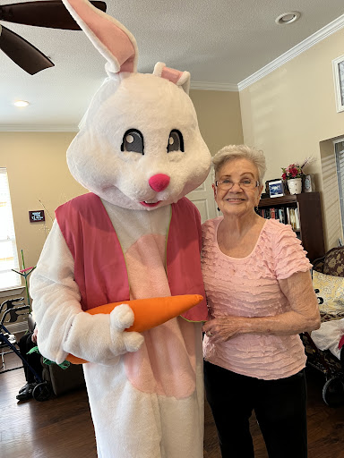A friendly encounter with a rabbit costume character, bringing joy to the day.