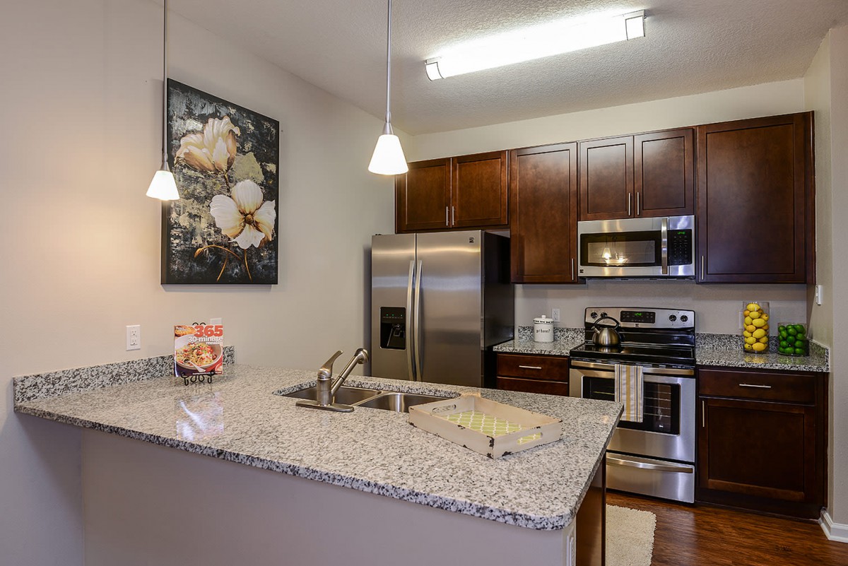 A modern kitchen with granite countertops, stainless steel appliances, and dark wood cabinets.