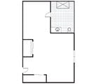A simple apartment floor plan showing the layout of rooms and a bathroom.