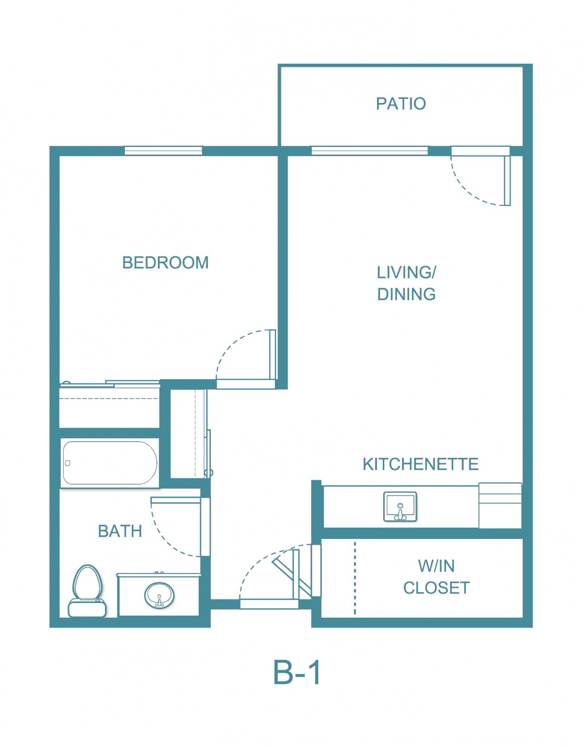 A one-bedroom apartment floor plan featuring a living area, kitchenette, bathroom, walk-in closet, and patio.