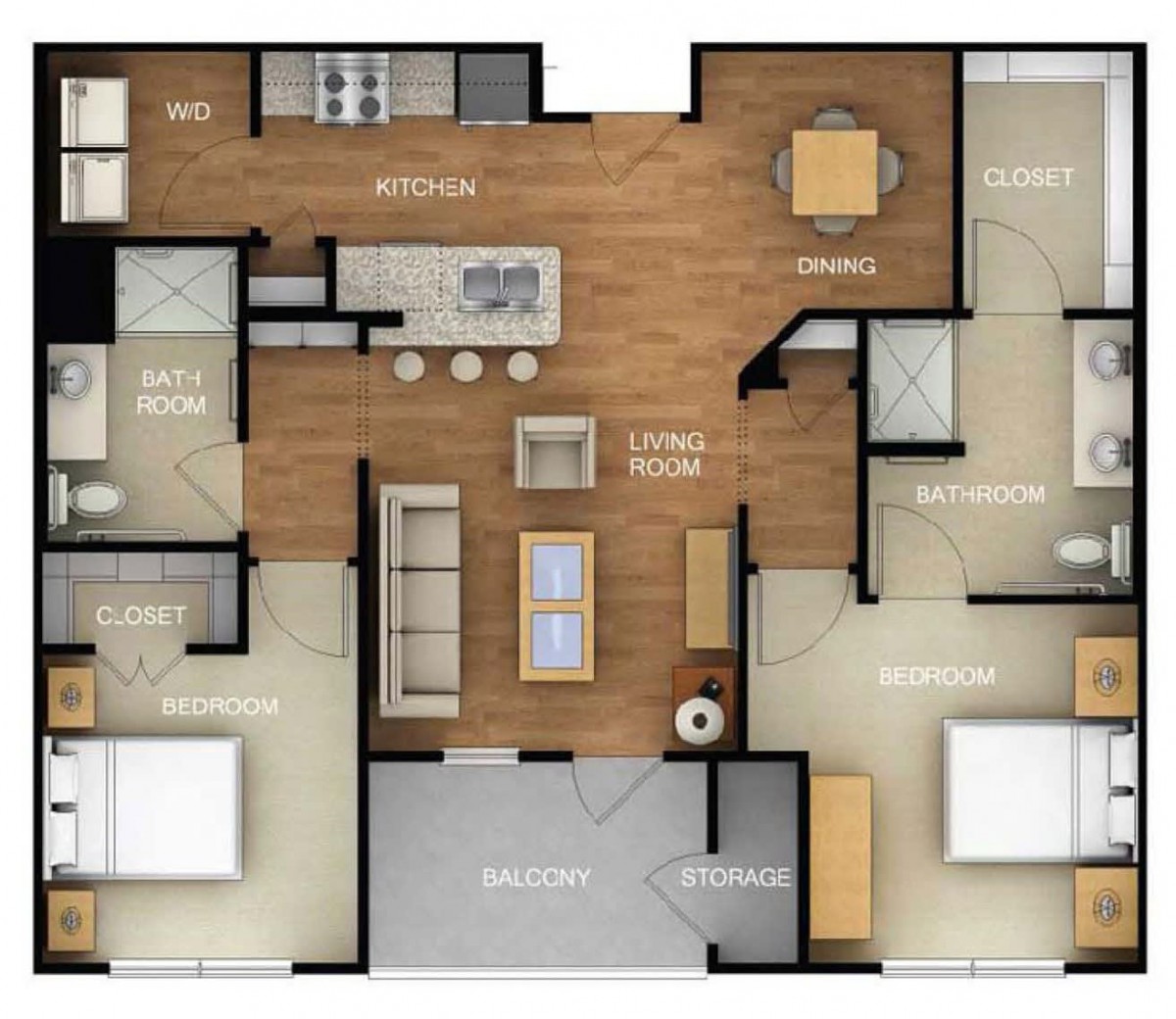 A modern two-bedroom apartment floor plan with a central living area and open kitchen layout.
