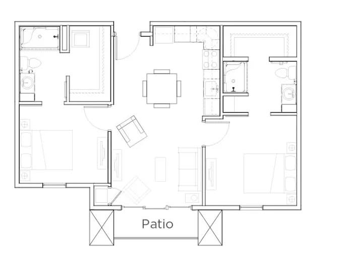 A simple architectural floor plan showing a residential layout with rooms and a patio.