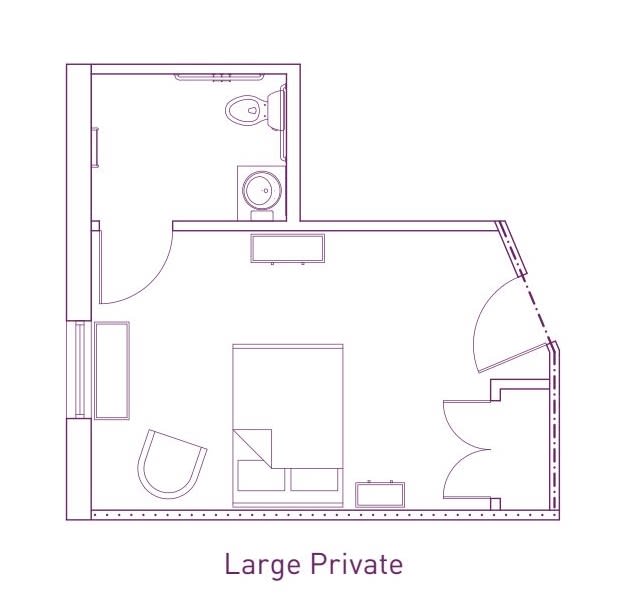 A floor plan of a large private room with bathroom.