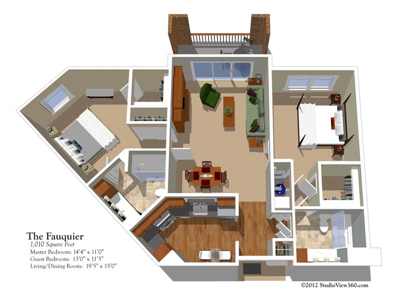 3D floor plan of an apartment with two bedrooms, one bathroom, and a living area.