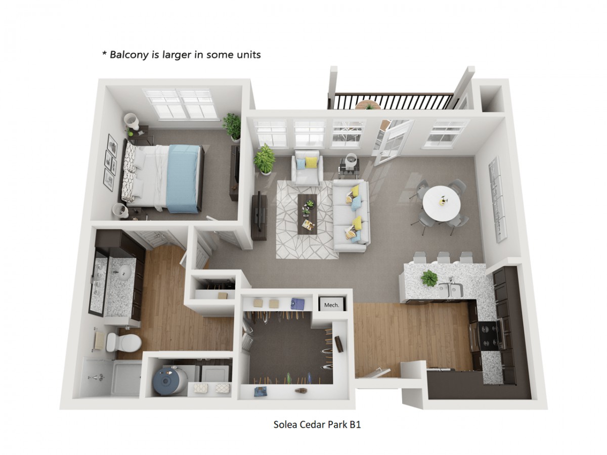A 1-bedroom apartment floor plan with living room, kitchen, bathroom, and balcony.