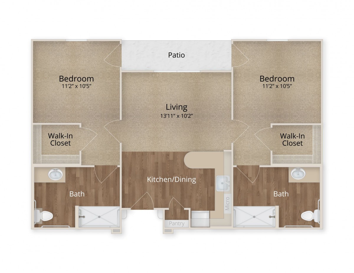 A two-bedroom apartment floor plan with walk-in closets, a living room, kitchen, dining area, and patio.