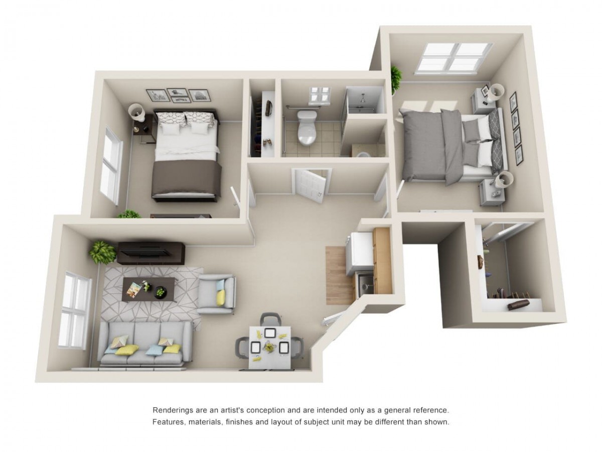 This image shows a 3D floor plan of a two-bedroom apartment, featuring an open living area, kitchen, and bathroom.