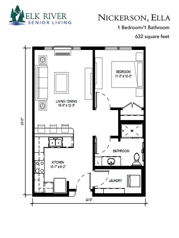 Floor plan of a 420 square foot apartment with living room, bedroom, kitchen, bathroom, and closet.