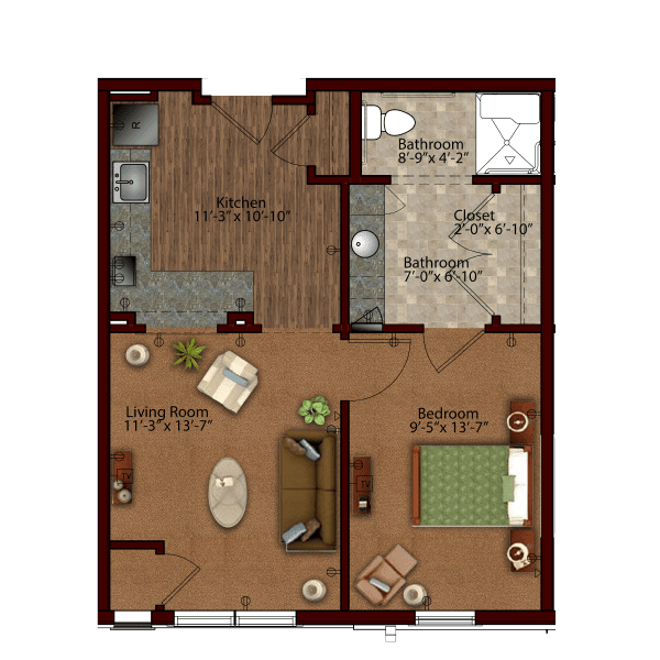 A detailed floor plan of an apartment showcasing the layout of a living room, kitchen, bedroom, and bathroom.