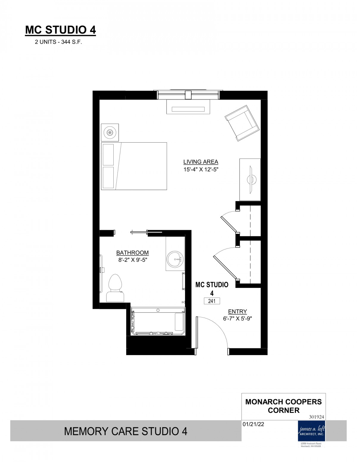 A floor plan of a studio apartment featuring a living area, bathroom, and kitchen.
