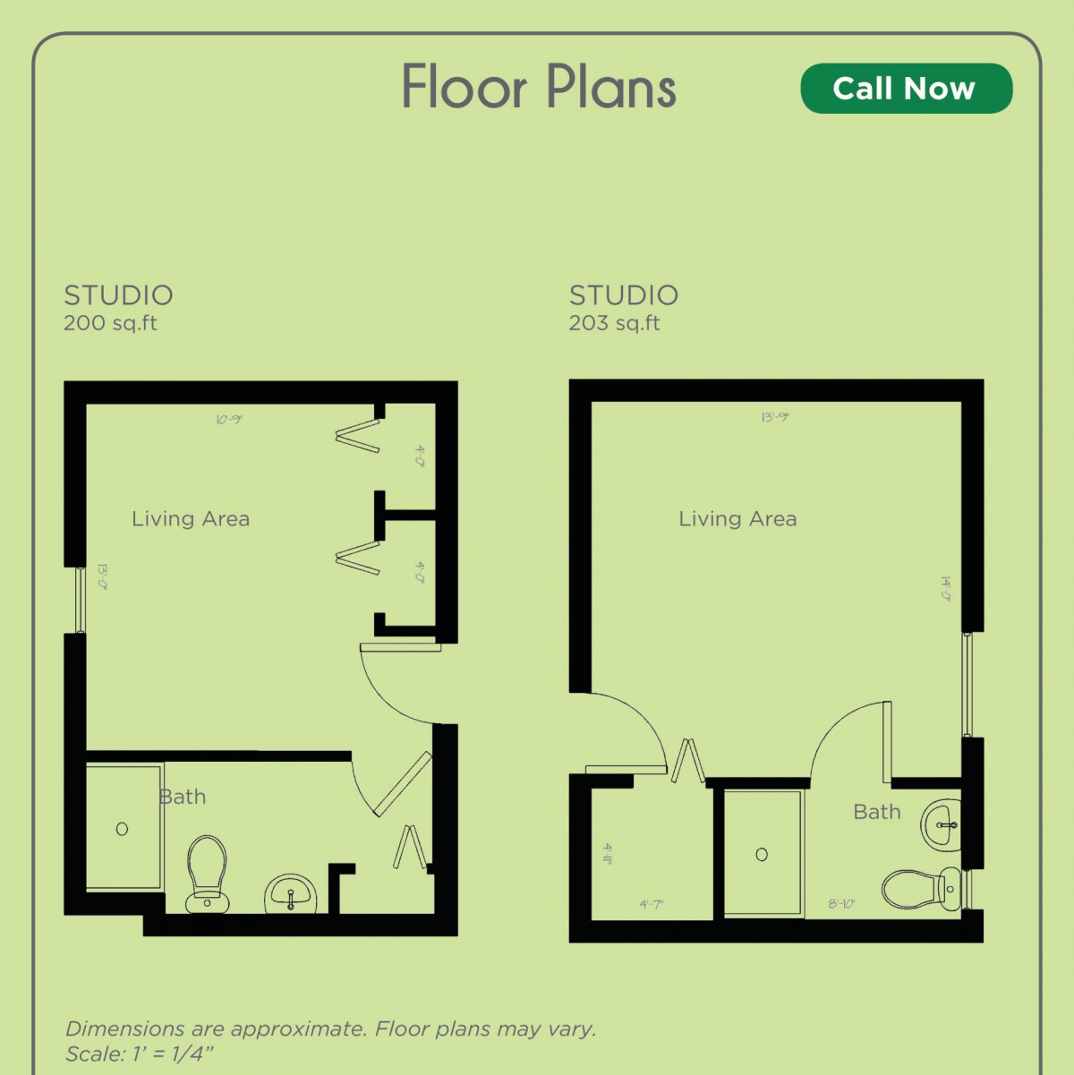 Floor plans for two studio apartment layouts showcasing efficient use of small spaces.