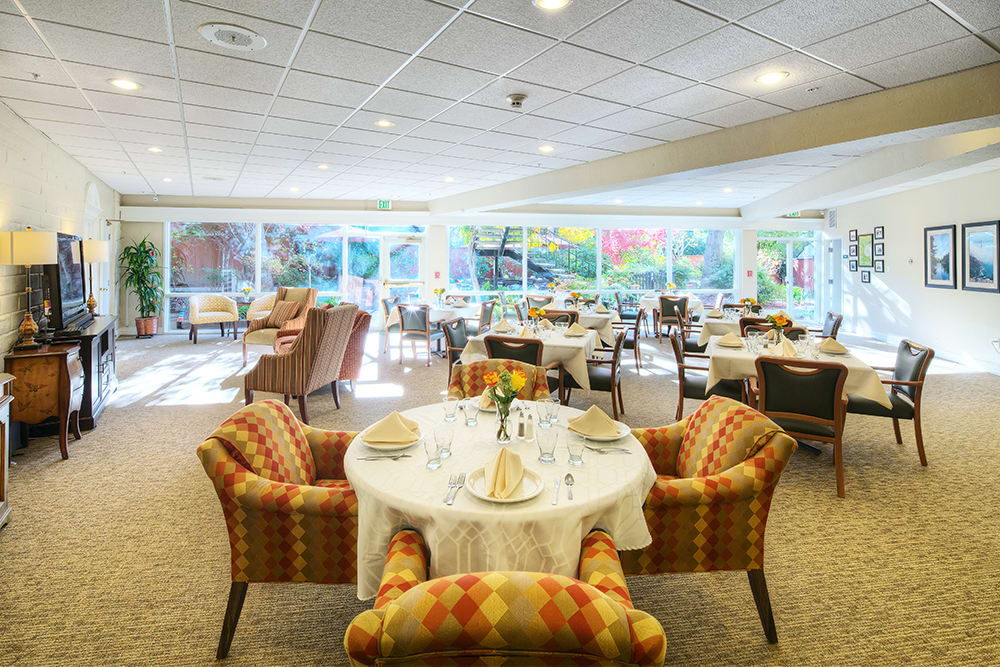 Elegant dining room with neatly arranged tables and chairs, set against large windows.