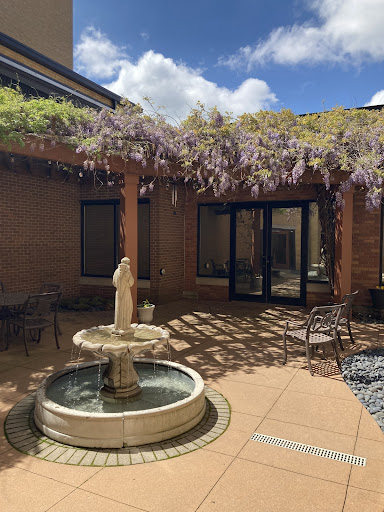 A serene courtyard featuring a charming fountain and lush wisteria in bloom.