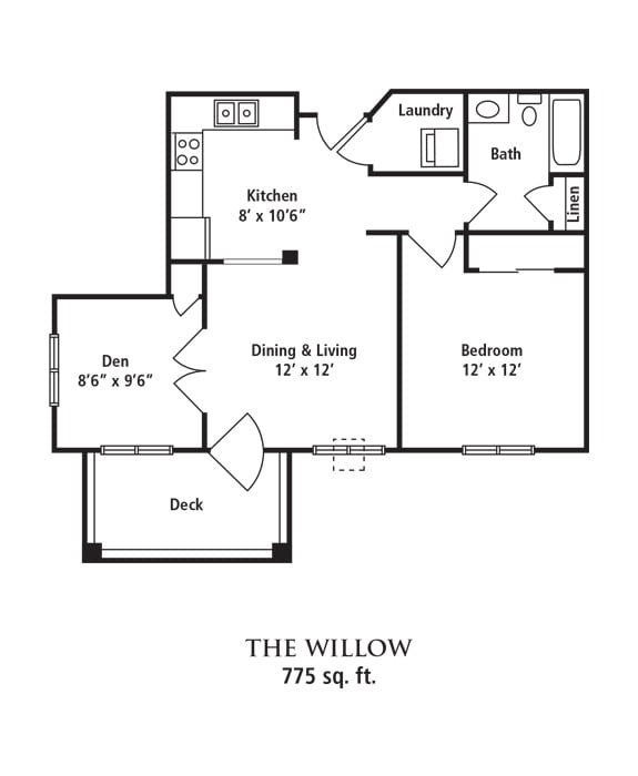 A floor plan labeled 'The Willow' showing a 775 sq. ft. apartment layout with one bedroom, a den, kitchen, dining and living area, bathroom, laundry space, and a deck.