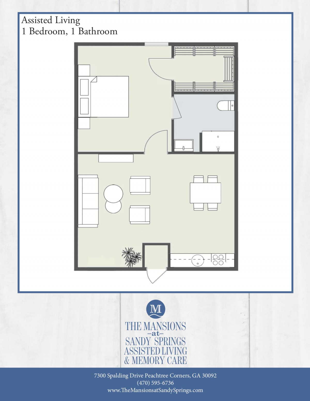 A floor plan of a one-bedroom apartment featuring a living room, kitchen, and bathroom.