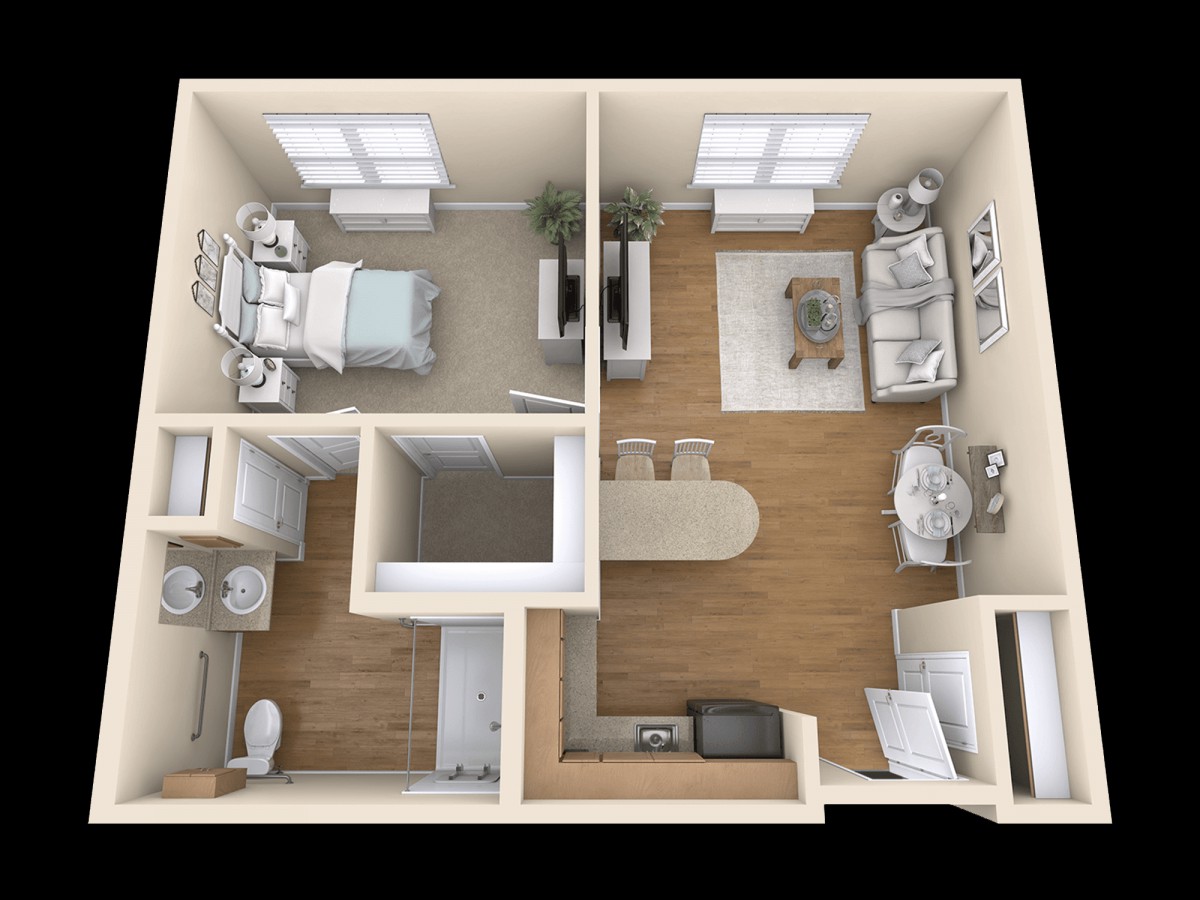 A 3D floor plan of a one-bedroom apartment showing the layout with a bedroom, bathroom, living area, and kitchen.