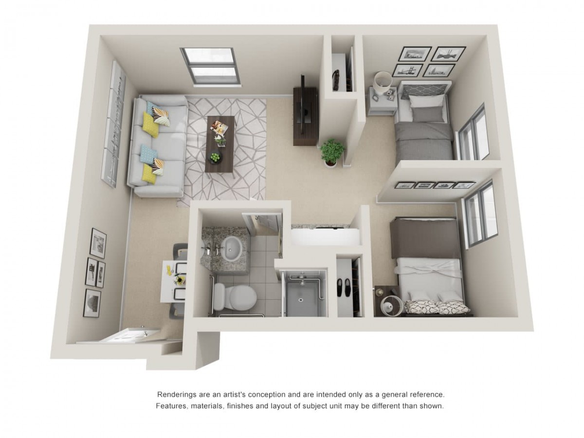 A 3D rendered floor plan of a one-bedroom apartment featuring a living room, kitchen, and bathroom.