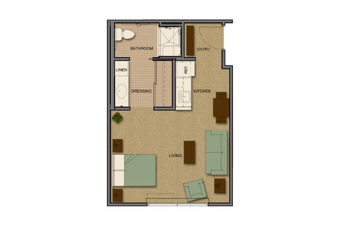 A compact one-bedroom apartment floor plan, featuring a bedroom, bathroom, kitchen, and living area.