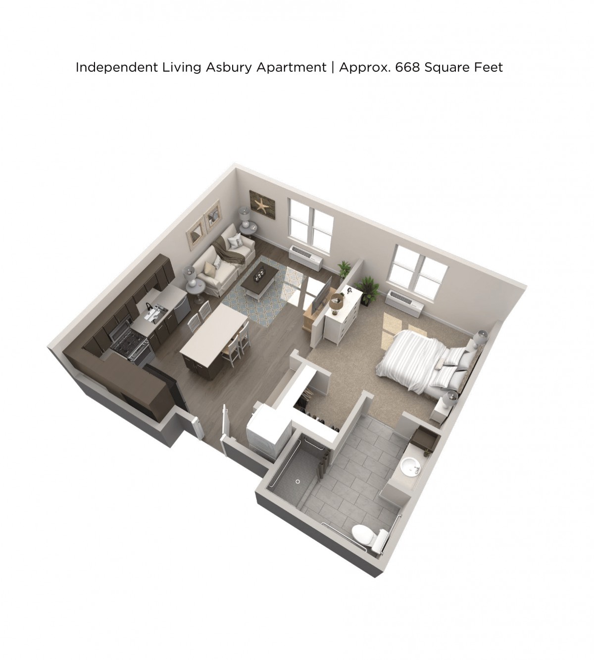 3D floor plan of an independent living luxury studio apartment, spanning 488 square feet.