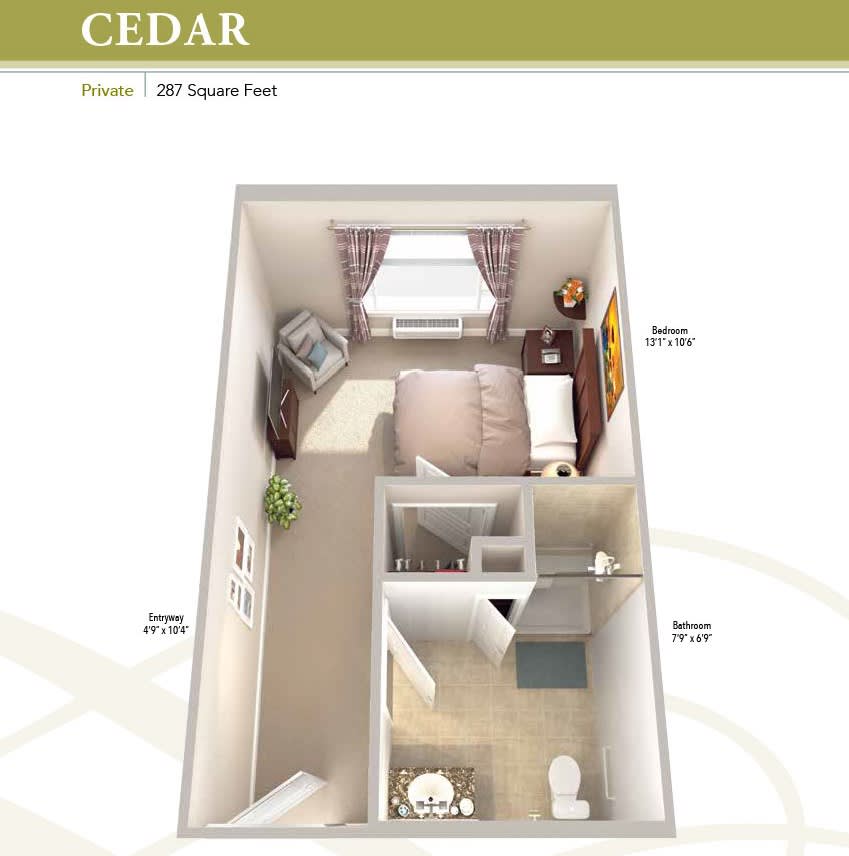 3D floor plan of a compact studio apartment with designated areas for living, sleeping, and bathroom.