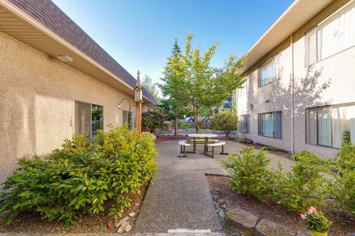 A peaceful courtyard with a central seating area surrounded by plants and buildings under a clear blue sky.