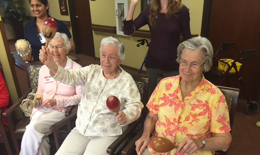 A group of seniors enjoying a music session with maracas.