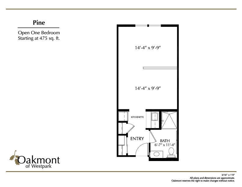 A floor plan of a one-bedroom apartment with a total area of 667 square feet.