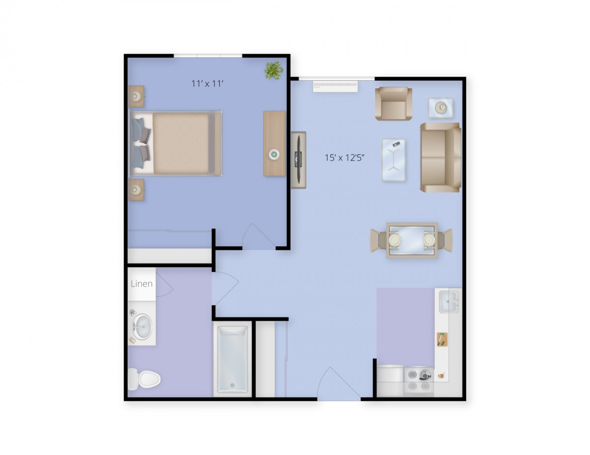 1-bedroom apartment floor plan with living room, kitchen, and bathroom.
