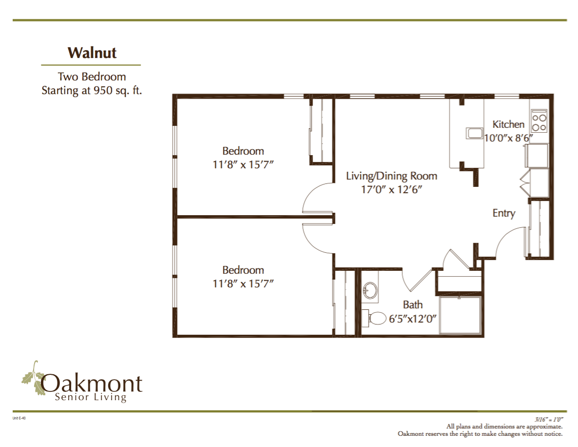 A two-bedroom apartment floor plan with designated living/dining area and bathroom.