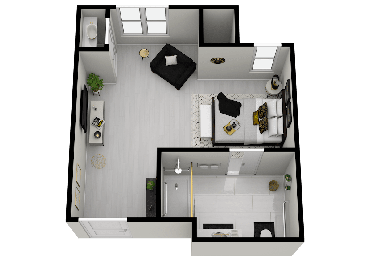 A 3D rendering of a modern 1-bedroom apartment layout featuring a living room, bedroom, kitchen, and bathroom.