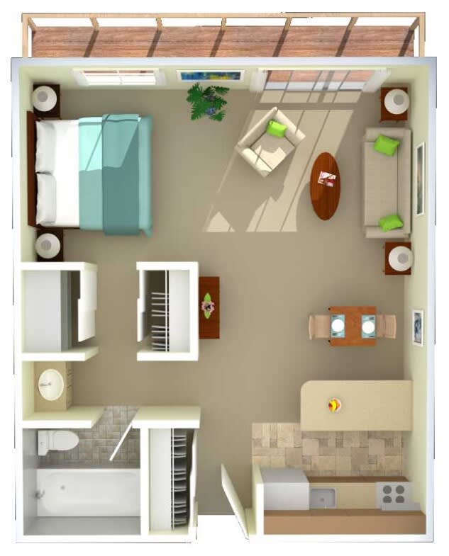 A detailed floor plan of a one-bedroom apartment with a kitchen, living area, and bathroom.