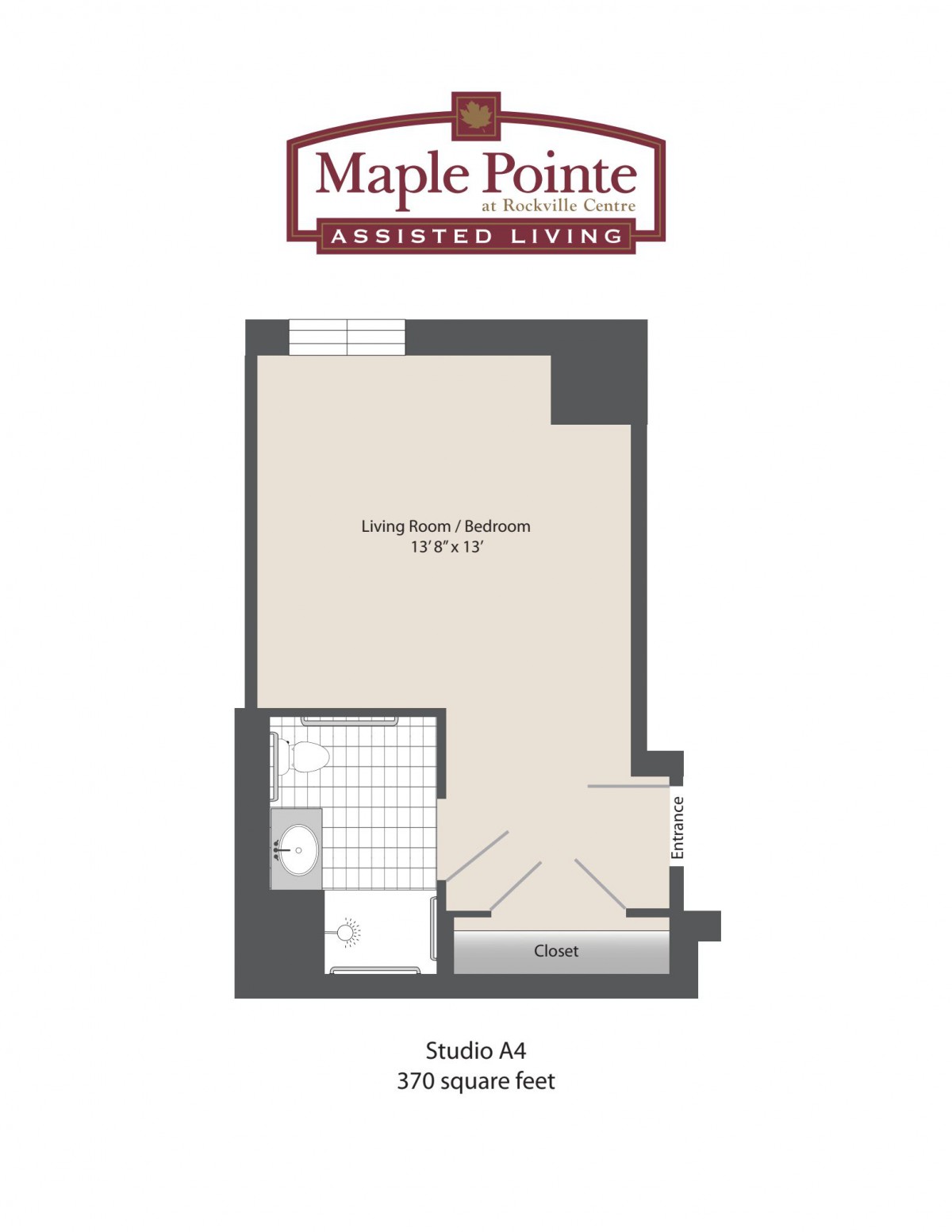A floor plan of a studio apartment at Maple Pointe Assisted Living.