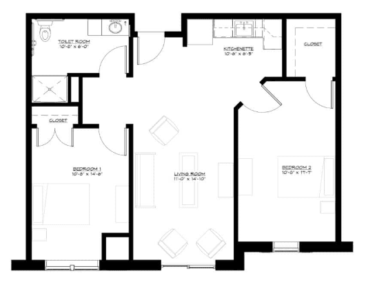 A floor plan illustrating the layout of an apartment with designated areas for bedrooms, bathrooms, living room, kitchen, and closets.