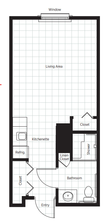 Studio apartment floor plan with living area, kitchenette, closet, and bathroom.