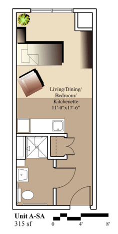 A floor plan of a studio apartment featuring a combined living, dining, bedroom, and kitchenette area.