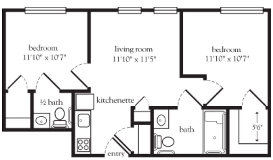 A floor plan showing the layout of an apartment with a living room, kitchenette, bathroom, entryway, and two bedrooms.