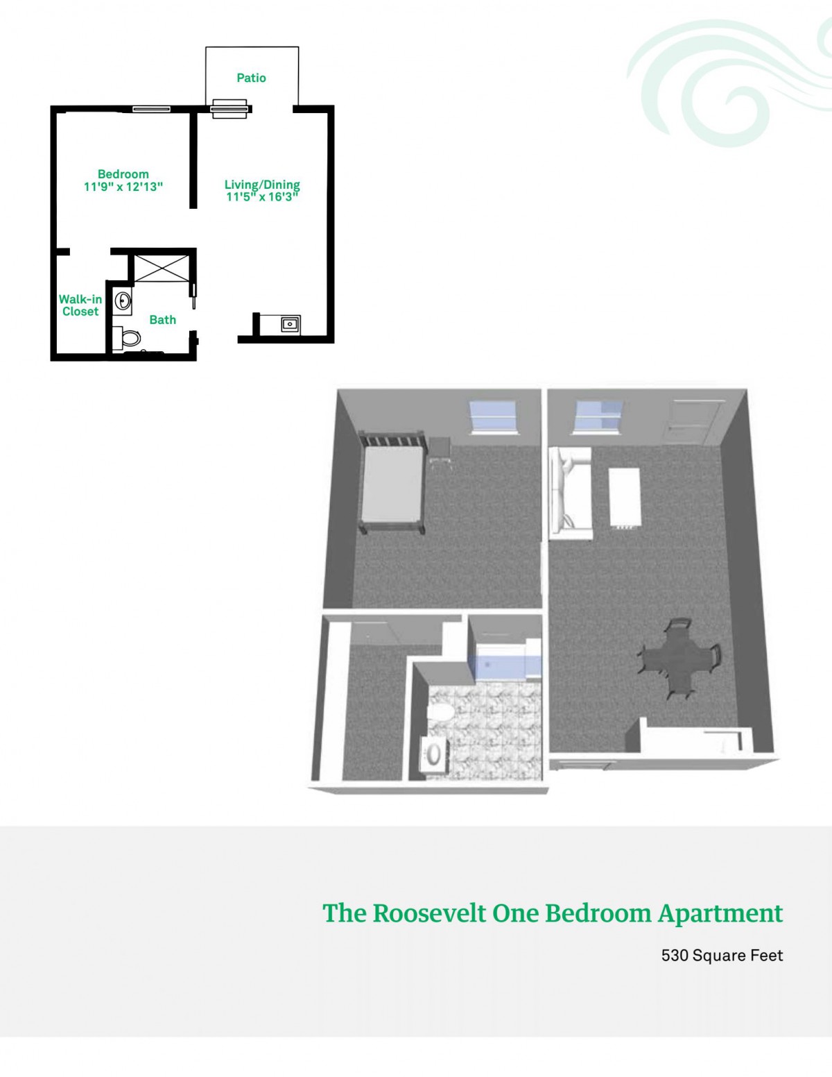 3D Floor Plan of a One Bedroom Apartment