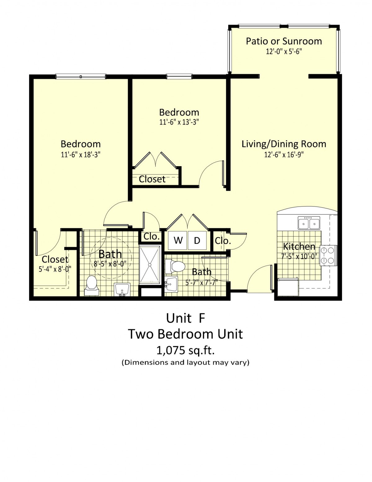 A floor plan for a two-bedroom apartment unit labeled 'Unit F', with an area of 1,055 square feet.